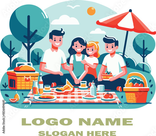 Family picnic clipart logo icon vector white background .