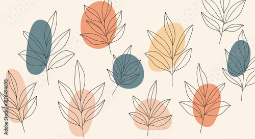 Elegant botanical illustration featuring line art leaves overlaid on abstract, organic color blobs in a modern, minimalist style.