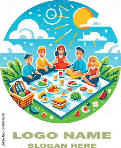 Family picnic landscape logo vector white background  .