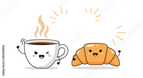 Cute kawaii illustration of a winking coffee cup and a happy croissant character, representing a perfect breakfast combination.
