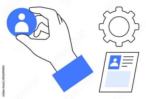 User profile concept. User ation with icon held by a hand, settings gear, and document for identity management. User profile for team organization, app settings, HR systems, online accounts