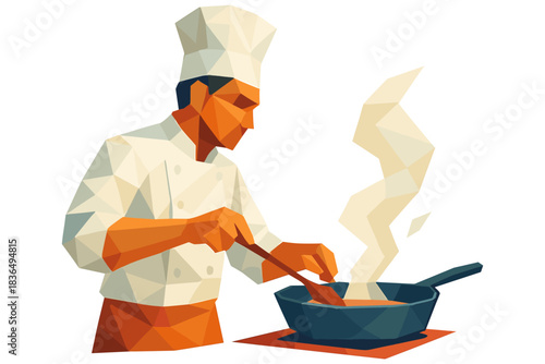 Low poly chef cooking with skillet and steam