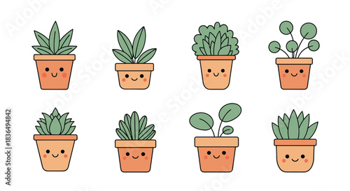 A charming set of eight cute kawaii-style houseplants in terracotta pots, each with a sweet, smiling face and simple design.