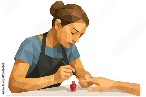Polygonal design of a woman applying nail polish at a salon