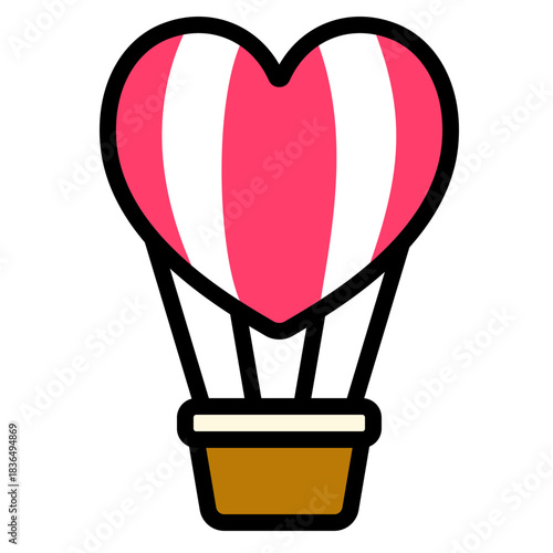 Colored outline icon of a striped pink and white heart-shaped balloon. Ideal for dreamy love journeys, Valentine greetings, romantic travel themes, and celebration visuals.