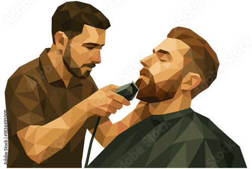 Geometric art of a barber grooming a client's beard with precision and style