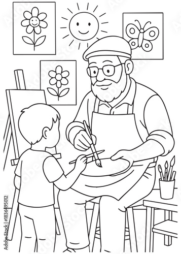 coloring book Father painter teaching a child to paint a picture