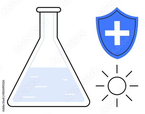 Scientific research, healthcare protection, energy solutions, medical innovation, safety standards, renewable resources. Laboratory flask with liquid, shield with cross and sun icon. Science