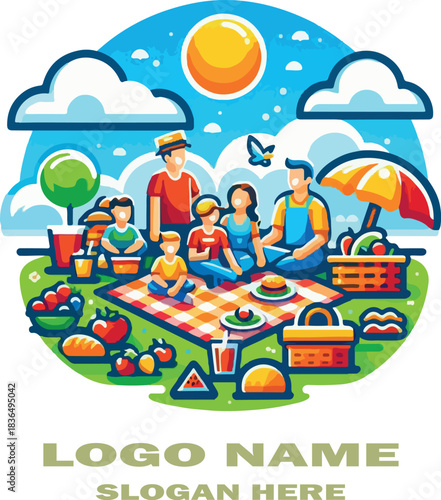 Family picnic landscape logo vector white background .