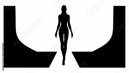Silhouette of a woman walking forward on a runway with black structures on either side of the runway mjunaid