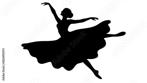 Silhouette of a ballerina in a flowing dress performing a dance pose with arms raised and leg extended mjunaid