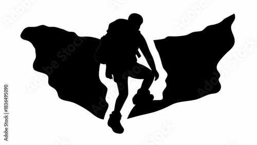 Silhouette of a hiker with backpack climbing a rocky mountain landscape in black and white style art mjunaid
