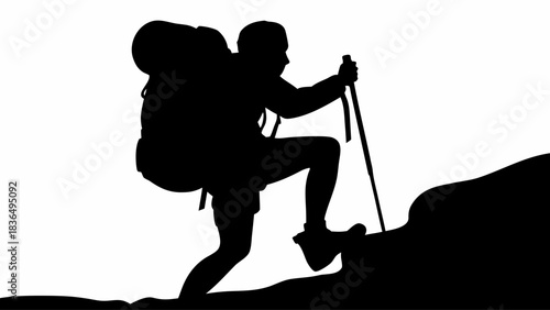 Silhouette of a hiker climbing a hill with a backpack and trekking poles in black and white scenery view mjunaid