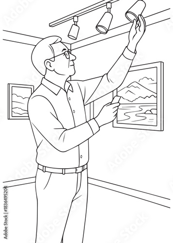 coloring book Father painter adjusting studio spotlight for artwork display