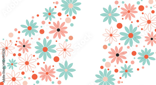 A bright and cheerful floral background with clusters of pink and teal daisies and dots, creating a frame with copy space.