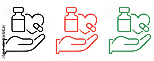 Essential healthcare help and protection with medication icons in hand in black, red, and green for medical awareness and health support.