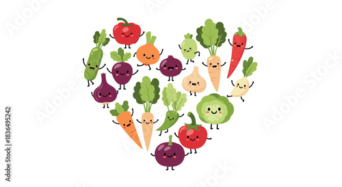 An adorable illustration of various cute cartoon vegetable characters with happy faces arranged in the shape of a large heart.
