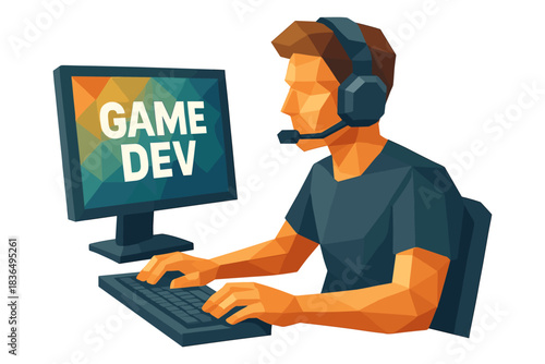 Polygonal gamer creating interactive worlds in game development
