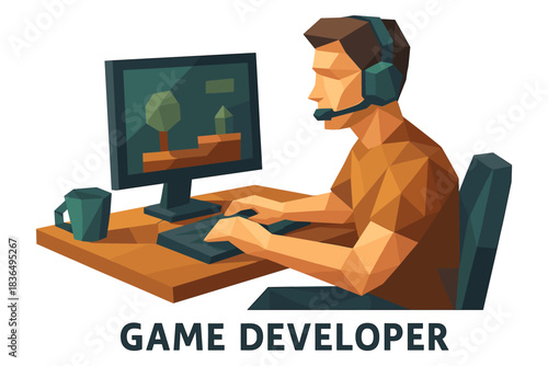 Polygonal style gamer at work with headset and computer setup