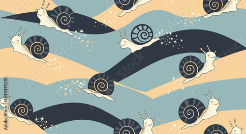 Whimsical seamless pattern of cute, smiling snails leaving sparkling star trails as they crawl over muted, wavy colored hills.