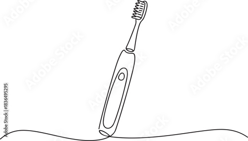 Minimalist one line drawing of an electric toothbrush. Single continuous line art for dental care, personal hygiene, bathroom icon. one line Icon drawing