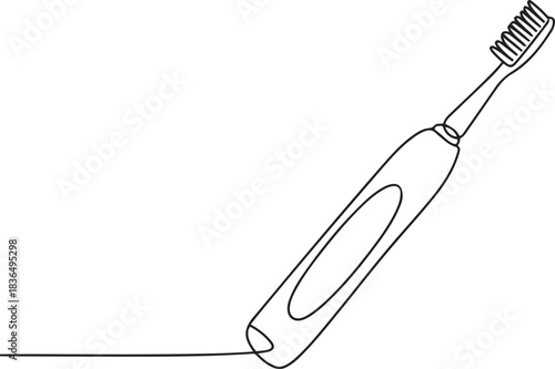 Minimalist one line drawing of an electric toothbrush. Single continuous line art for dental care, personal hygiene, bathroom icon. one line Icon drawing