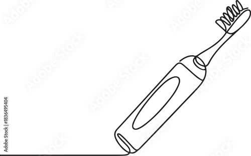 Minimalist one line drawing of an electric toothbrush. Single continuous line art for dental care, personal hygiene, bathroom icon. one line Icon drawing