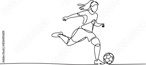 One continuous single drawing line art flat doodle girl, woman, football, girl with football kicks ball feint. one line Icon drawing