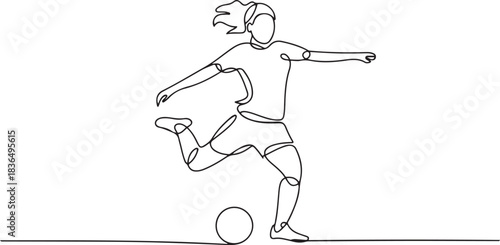 One continuous single drawing line art flat doodle girl, woman, football, girl with football kicks ball feint. one line Icon drawing