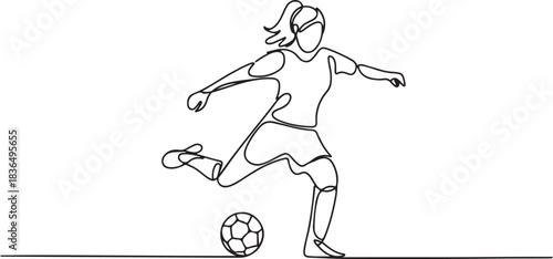 One continuous single drawing line art flat doodle girl, woman, football, girl with football kicks ball feint. one line Icon drawing