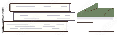 Three stacked books paired with a green shoe, representing learning, reading, inspiration, self-improvement, leisure, creativity, and knowledge in a simple flat metaphor