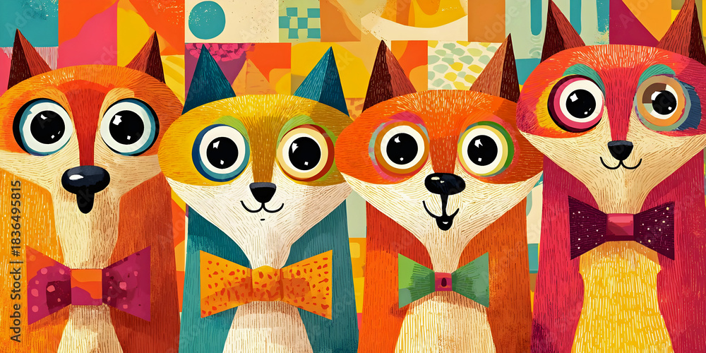 Obraz premium Bow-Tied Foxes in Pop Art Parade, ai generated.