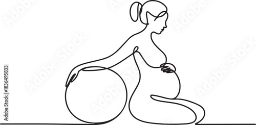 One continuous single drawing line art flat doodle pregnancy, belly, woman, yoga, mother, maternity, sport, ball. one line Icon drawing