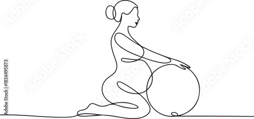 One continuous single drawing line art flat doodle pregnancy, belly, woman, yoga, mother, maternity, sport, ball. one line Icon drawing