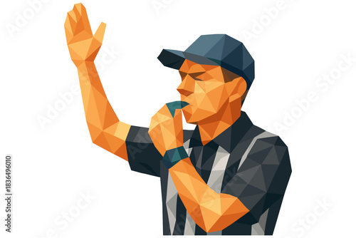 Geometric referee blowing whistle in low poly art style for sports event