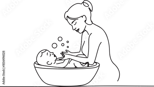 Mom bathes her baby in a baby bath. Maintaining hygiene for a small child. Simple line vector illustration. one line Icon drawing