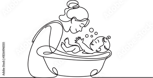 Mom bathes her baby in a baby bath. Maintaining hygiene for a small child. Simple line vector illustration. one line Icon drawing