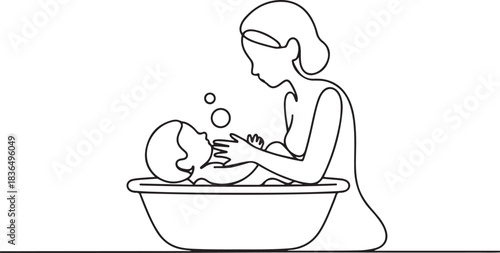Mom bathes her baby in a baby bath. Maintaining hygiene for a small child. Simple line vector illustration. one line Icon drawing