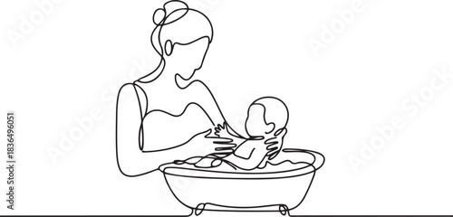 Mom bathes her baby in a baby bath. Maintaining hygiene for a small child. Simple line vector illustration. one line Icon drawing