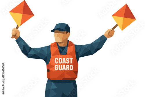 Low poly coast guard signalman with flags in action
