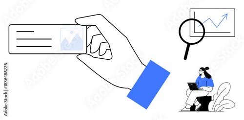 Business analysis. Modern visuals a hand holding an ID card, a growing data chart, and a woman using a laptop. Business analysis, productivity, and technology integration. Ideal for business