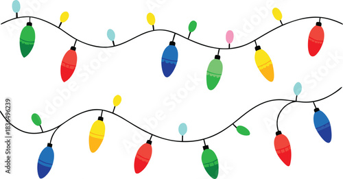 Christmas lights isolated, festive string of colorful holiday lights, Christmas decoration lights seamless design elements, glowing lights set for greeting card design, bright garlands - vector
