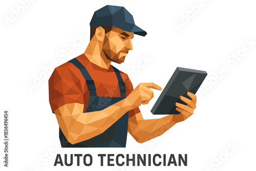 Polygonal art of auto technician using tablet for modern diagnostics
