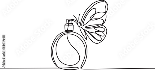 Perfume bottle butterfly vector. Fragrance scent one line continuous drawing. Hand drawn linear illustration. Outline abstract print, banner. one line Icon drawing