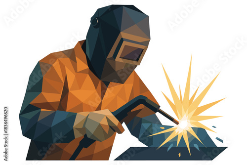 Geometric welder in action: modern low poly art depicting welding process