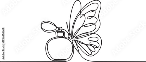 Perfume bottle butterfly vector. Fragrance scent one line continuous drawing. Hand drawn linear illustration. Outline abstract print, banner. one line Icon drawing