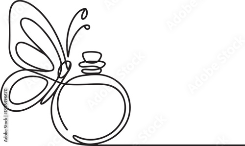 Perfume bottle butterfly vector. Fragrance scent one line continuous drawing. Hand drawn linear illustration. Outline abstract print, banner. one line Icon drawing