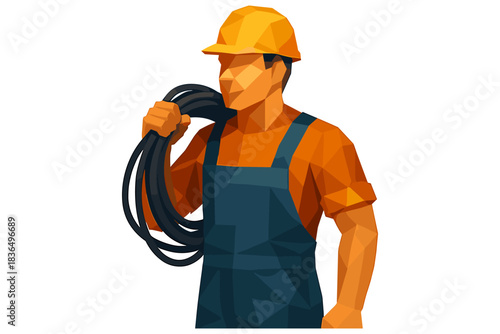 Geometric construction worker with safety gear and cable