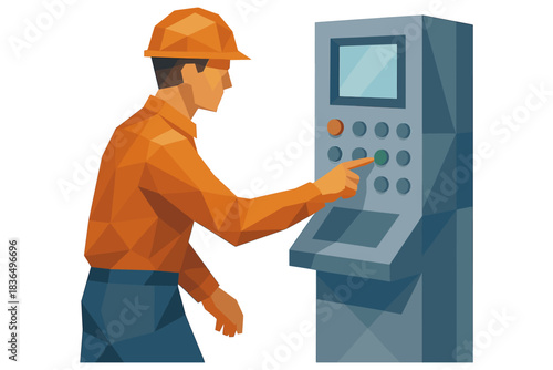 Low poly worker operating industrial control panel in safety gear