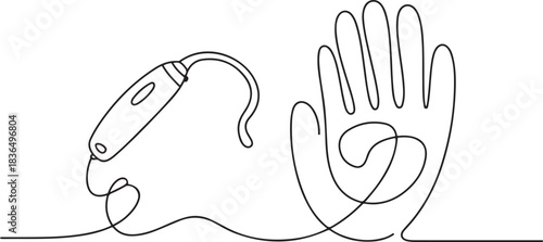Hearing aid drawn by a line. International Day of Sign Languages. International Week of the Deaf. One line drawing for different uses. one line Icon drawing